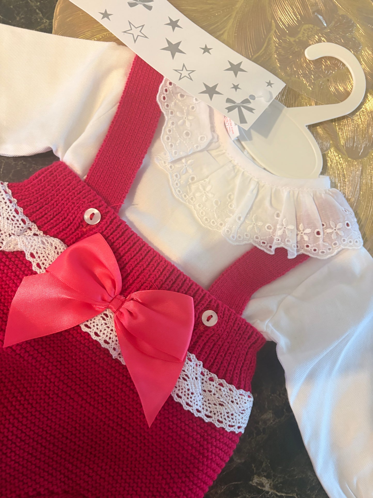 Spanish Knitted Baby Set – Pink Knit Pinafore & Lace Collar Top | 3–24 Months