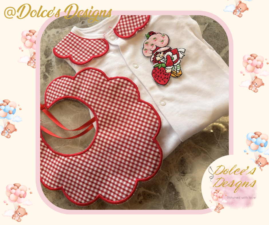 Strawberry Shortcake 2 Piece Baby Set – Gingham Scallop Bib & Embroidered Babygrow