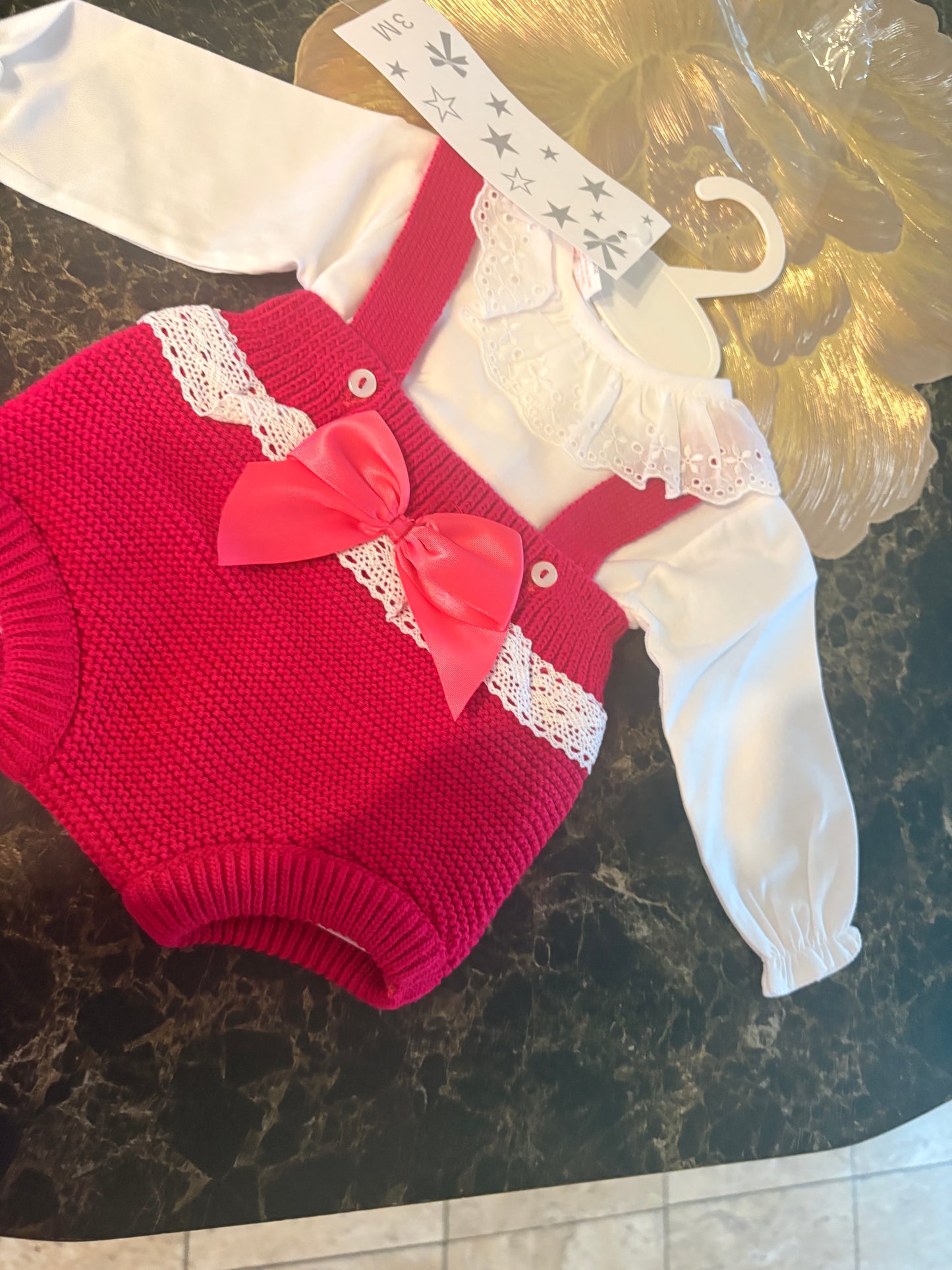 Spanish Knitted Baby Set – Pink Knit Pinafore & Lace Collar Top | 3–24 Months