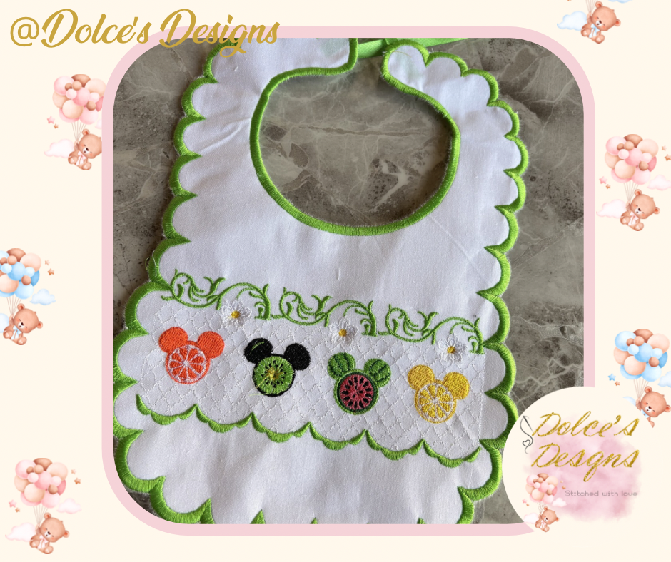 Personalised Smocked Fruit Baby Bib | Embroidered Summer Bib | Scalloped Edge Bib | Custom Baby Name Bib | Handmade UK
