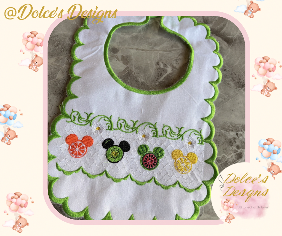 Personalised Smocked Fruit Baby Bib | Embroidered Summer Bib | Scalloped Edge Bib | Custom Baby Name Bib | Handmade UK