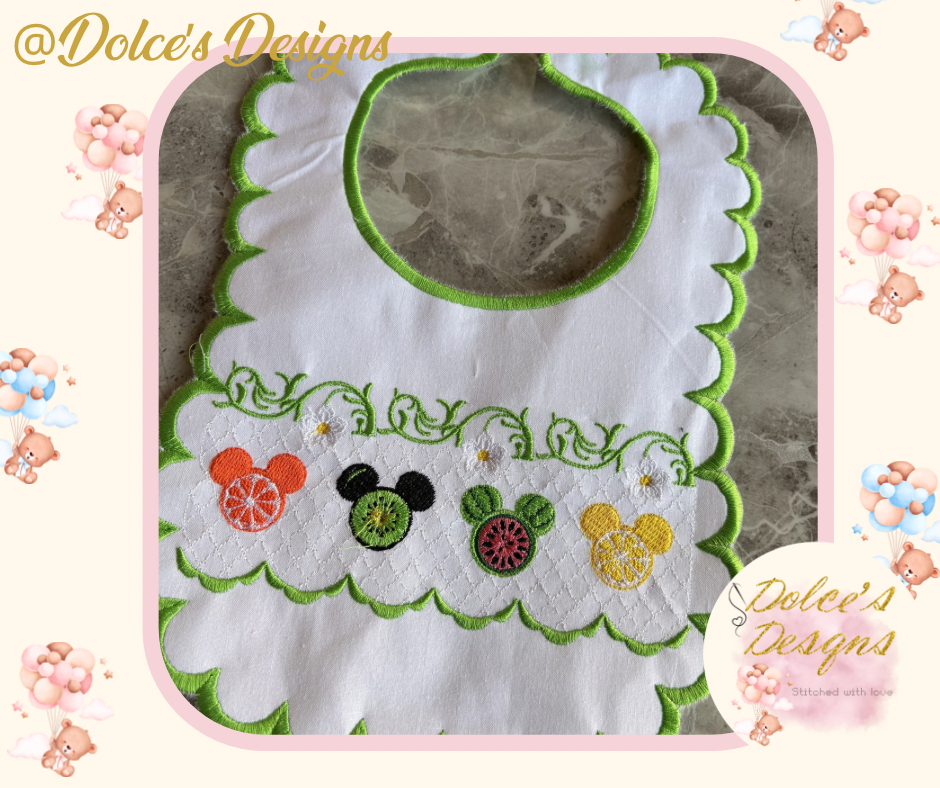 Personalised Smocked Fruit Baby Bib | Embroidered Summer Bib | Scalloped Edge Bib | Custom Baby Name Bib | Handmade UK