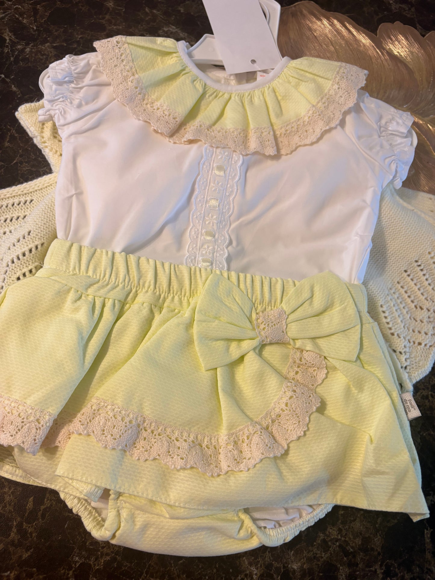 Spanish Boutique 3-Piece Baby Set – Lemon Lace Top, Bloomers & Cardigan