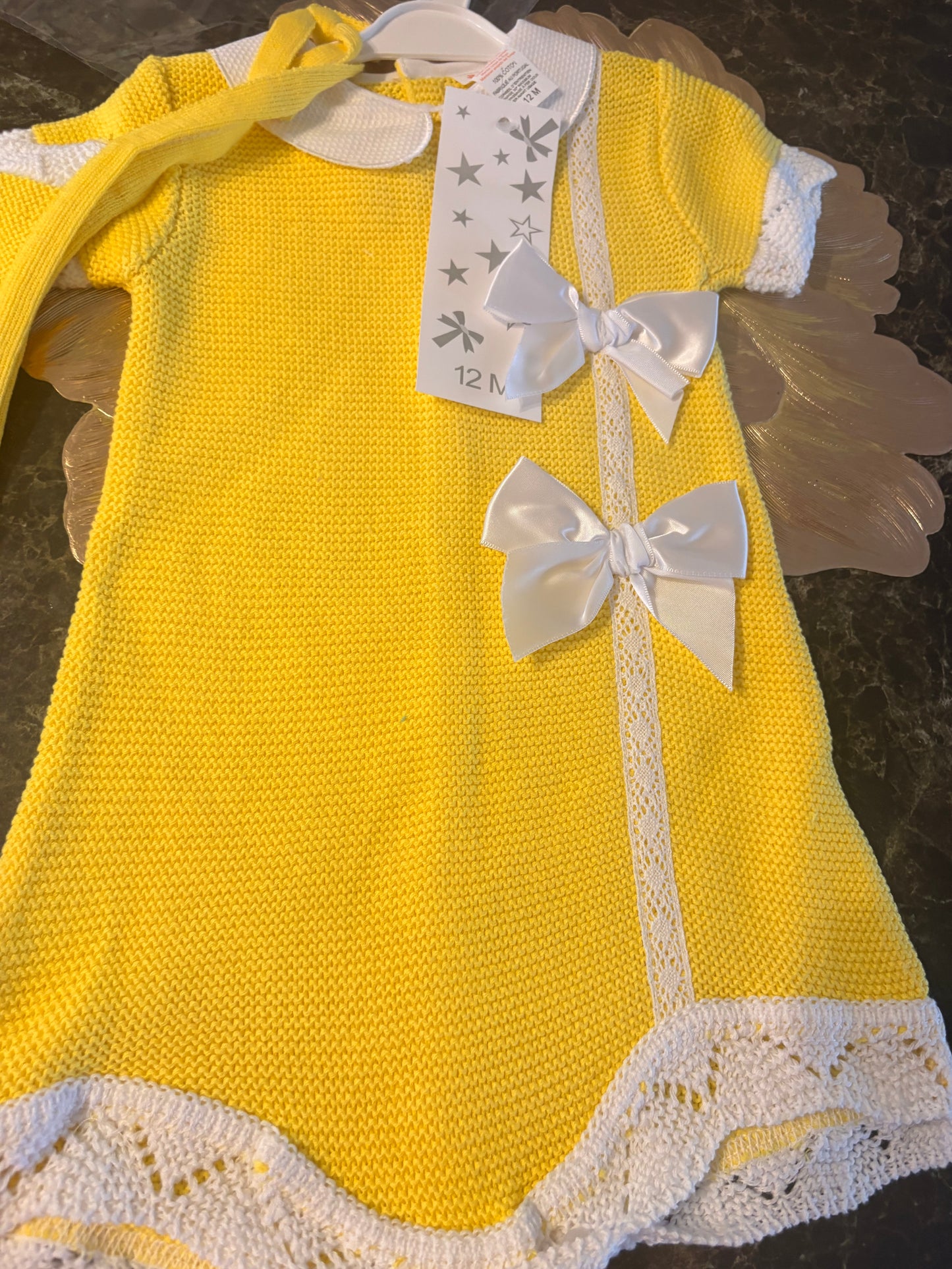 Spanish Knitted Dress & Bonnet Set – Sunshine Yellow