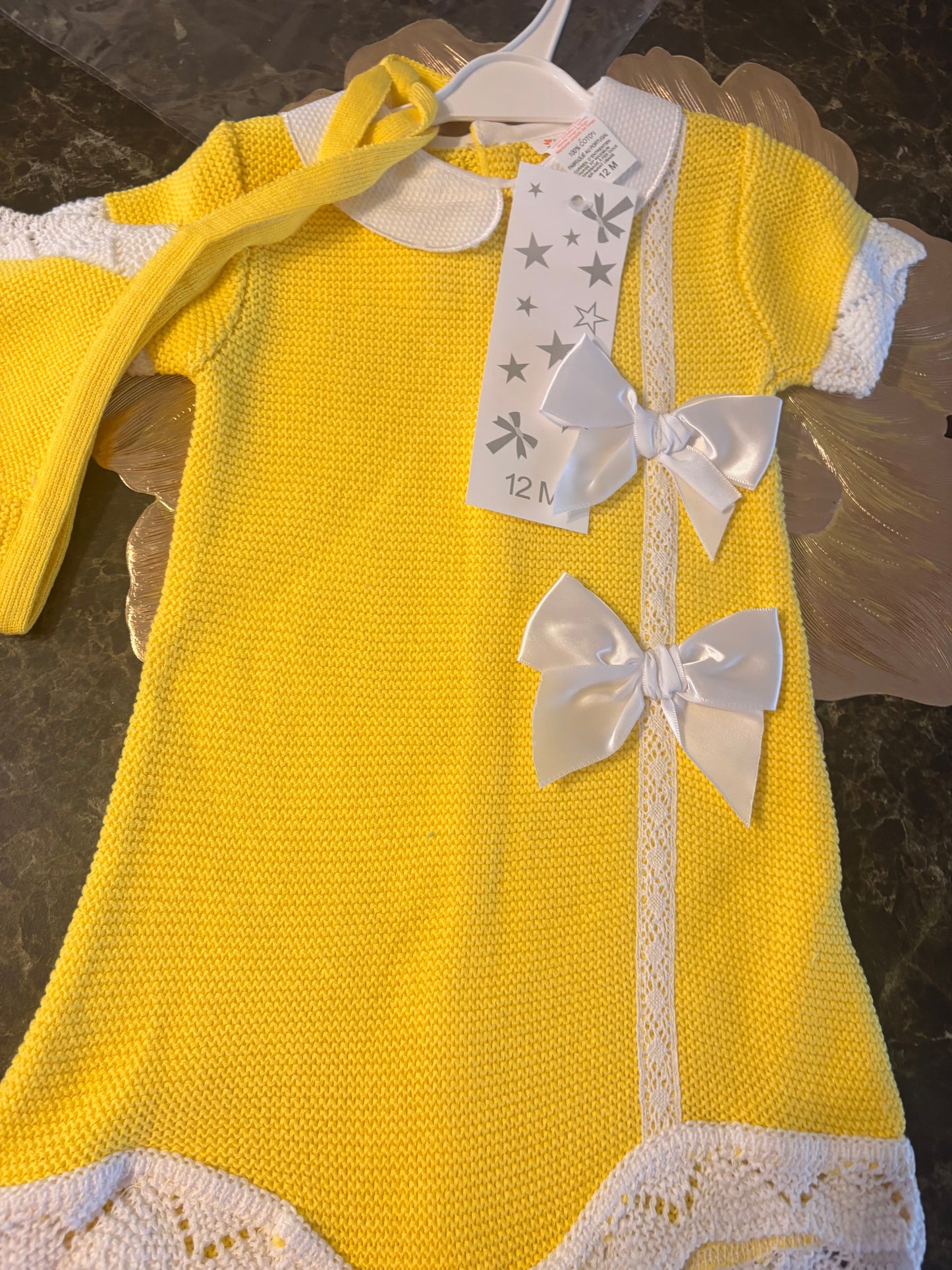 Spanish Knitted Dress & Bonnet Set – Sunshine Yellow