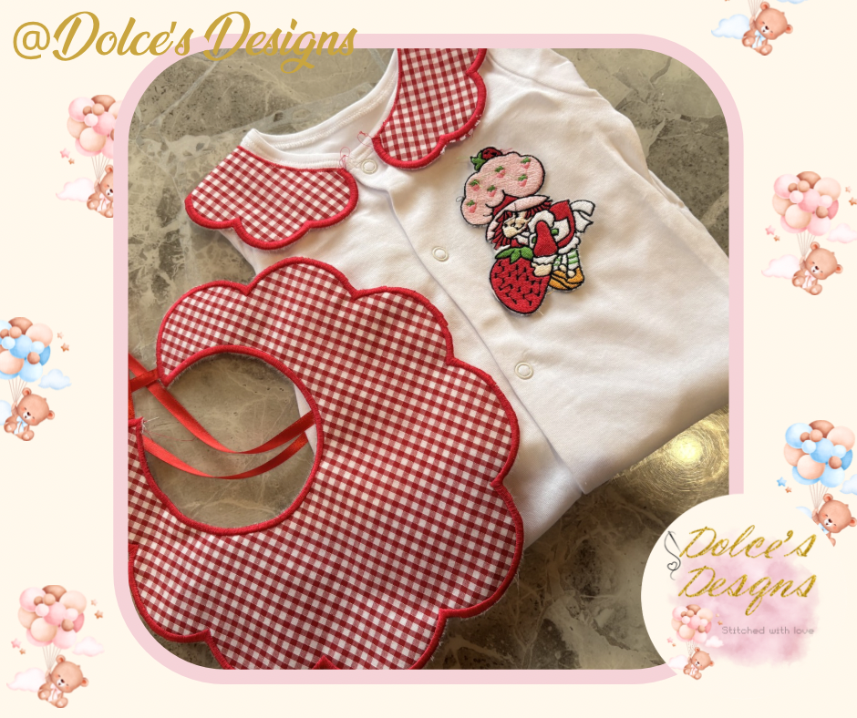 Strawberry Shortcake 2 Piece Baby Set – Gingham Scallop Bib & Embroidered Babygrow