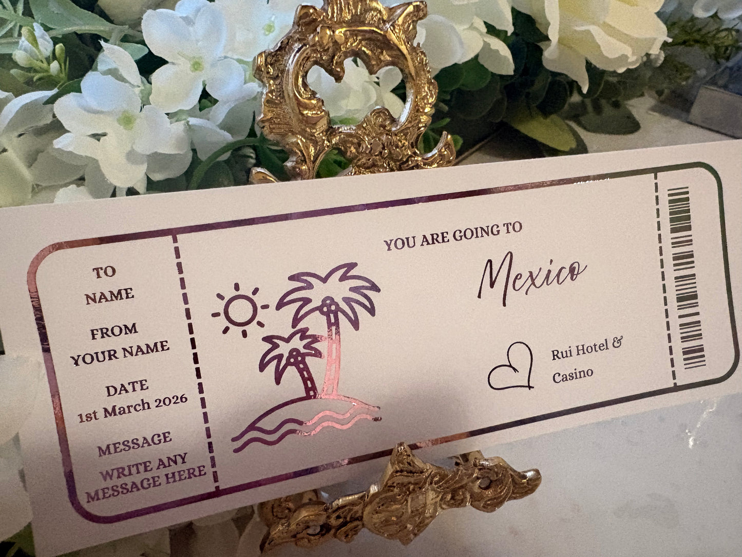 Personalised Holiday Foil Ticket – Palm Tree Design 🌴✈️