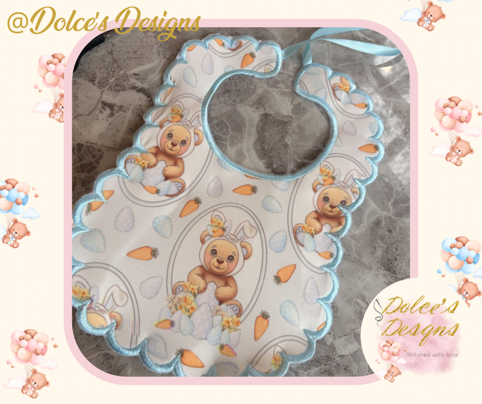 Teddy Easter Scallop Bib – Printed & Handmade In House 🐰🌸