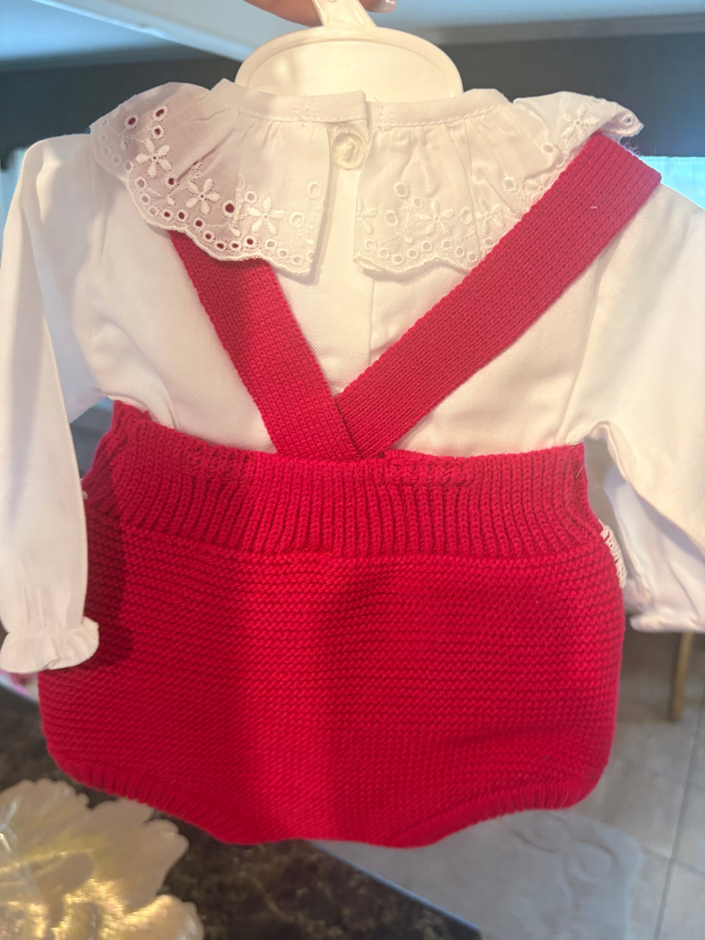Spanish Knitted Baby Set – Pink Knit Pinafore & Lace Collar Top | 3–24 Months