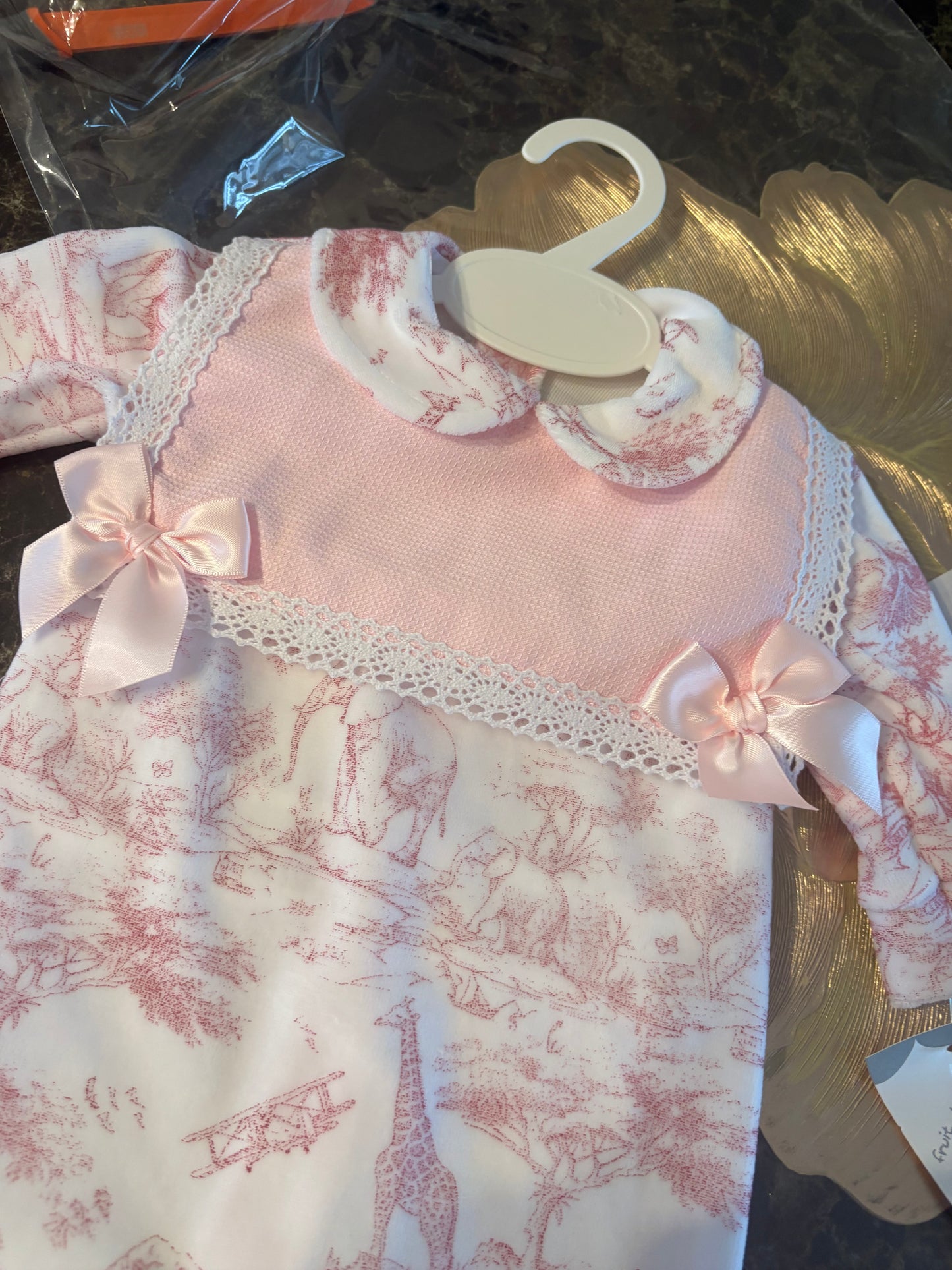 Luxury Velour Baby Grow – Pink Toile Print | 1–12 Months