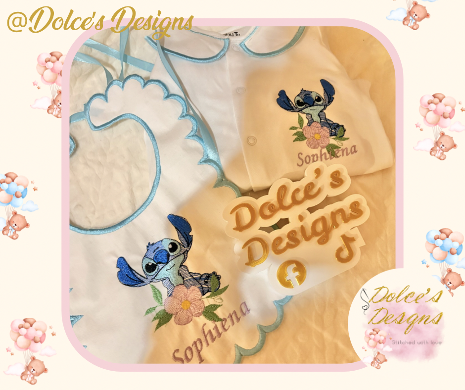 💙 Personalised Stitch 2 Piece Baby Set | Embroidered Babygrow & Bib