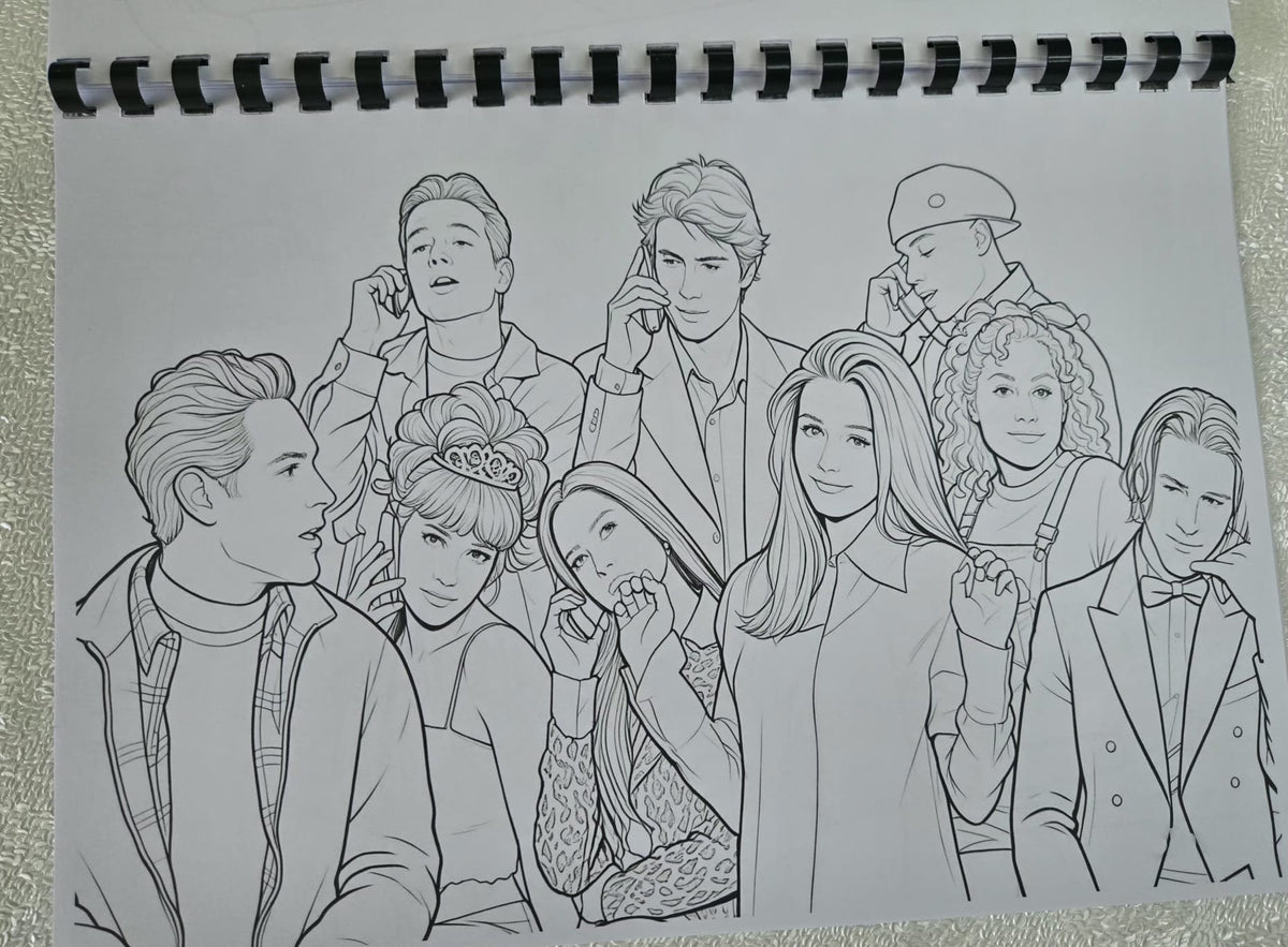 Clueless colouring book group scene
