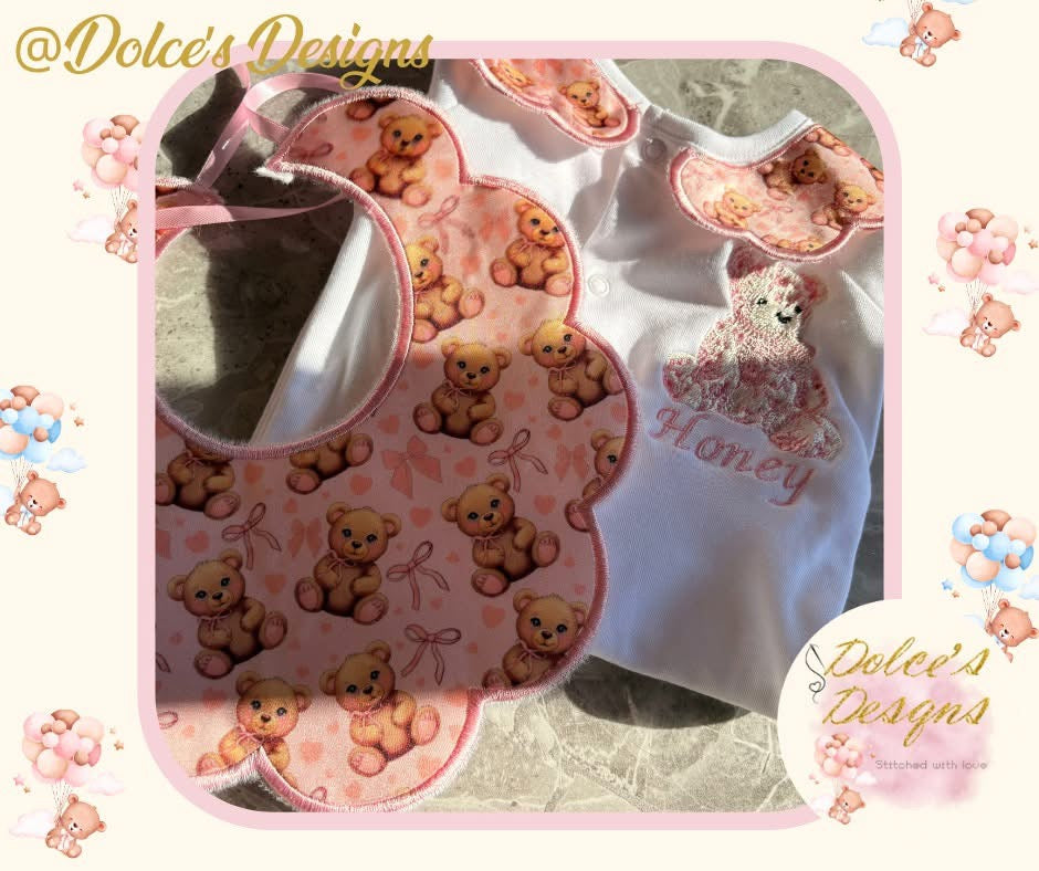 Personalised Teddy Baby Set 2 Piece | Printed Teddy Bib & Babygrow with Collar | Custom Name Baby Outfit | Newborn Gift UK