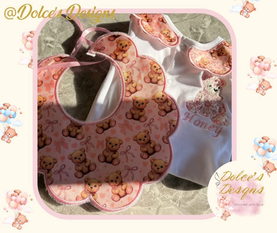 Personalised Teddy Baby Set 2 Piece | Printed Teddy Bib & Babygrow with Collar | Custom Name Baby Outfit | Newborn Gift UK