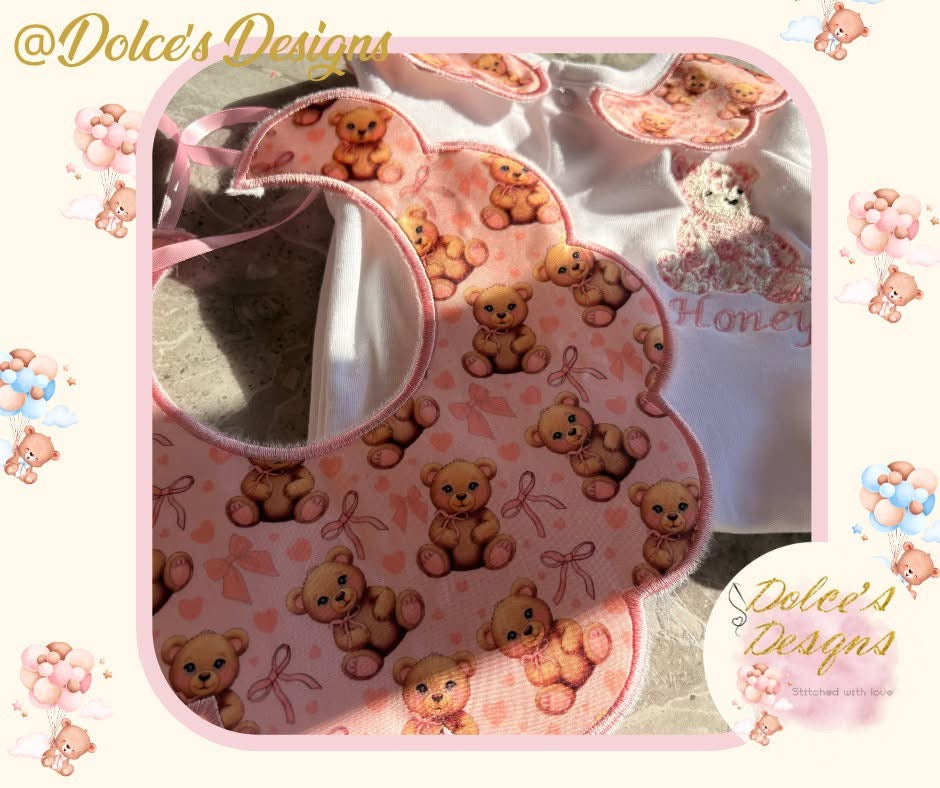 Personalised Teddy Baby Set 2 Piece | Printed Teddy Bib & Babygrow with Collar | Custom Name Baby Outfit | Newborn Gift UK