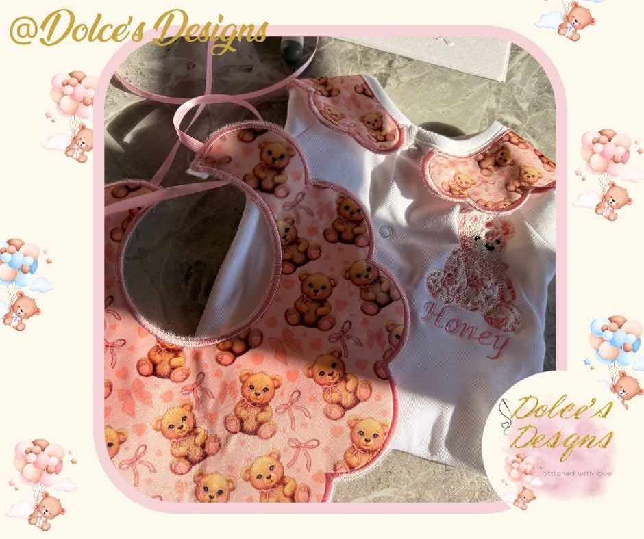 Personalised Teddy Baby Set 2 Piece | Printed Teddy Bib & Babygrow with Collar | Custom Name Baby Outfit | Newborn Gift UK