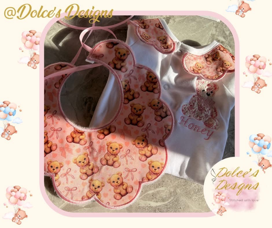 Personalised Teddy Baby Set 2 Piece | Printed Teddy Bib & Babygrow with Collar | Custom Name Baby Outfit | Newborn Gift UK