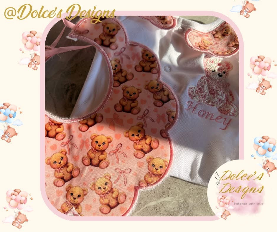Personalised Teddy Baby Set 2 Piece | Printed Teddy Bib & Babygrow with Collar | Custom Name Baby Outfit | Newborn Gift UK