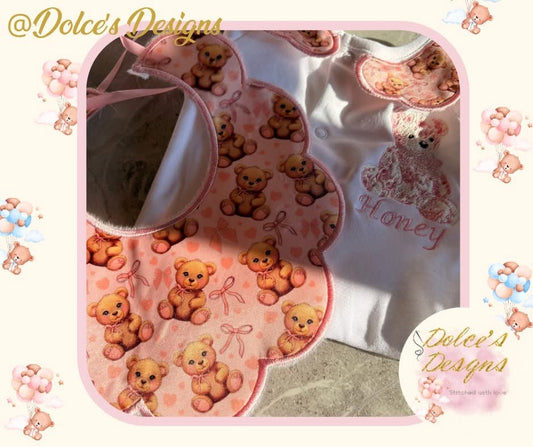 Personalised Teddy Baby Set 2 Piece | Printed Teddy Bib & Babygrow with Collar | Custom Name Baby Outfit | Newborn Gift UK