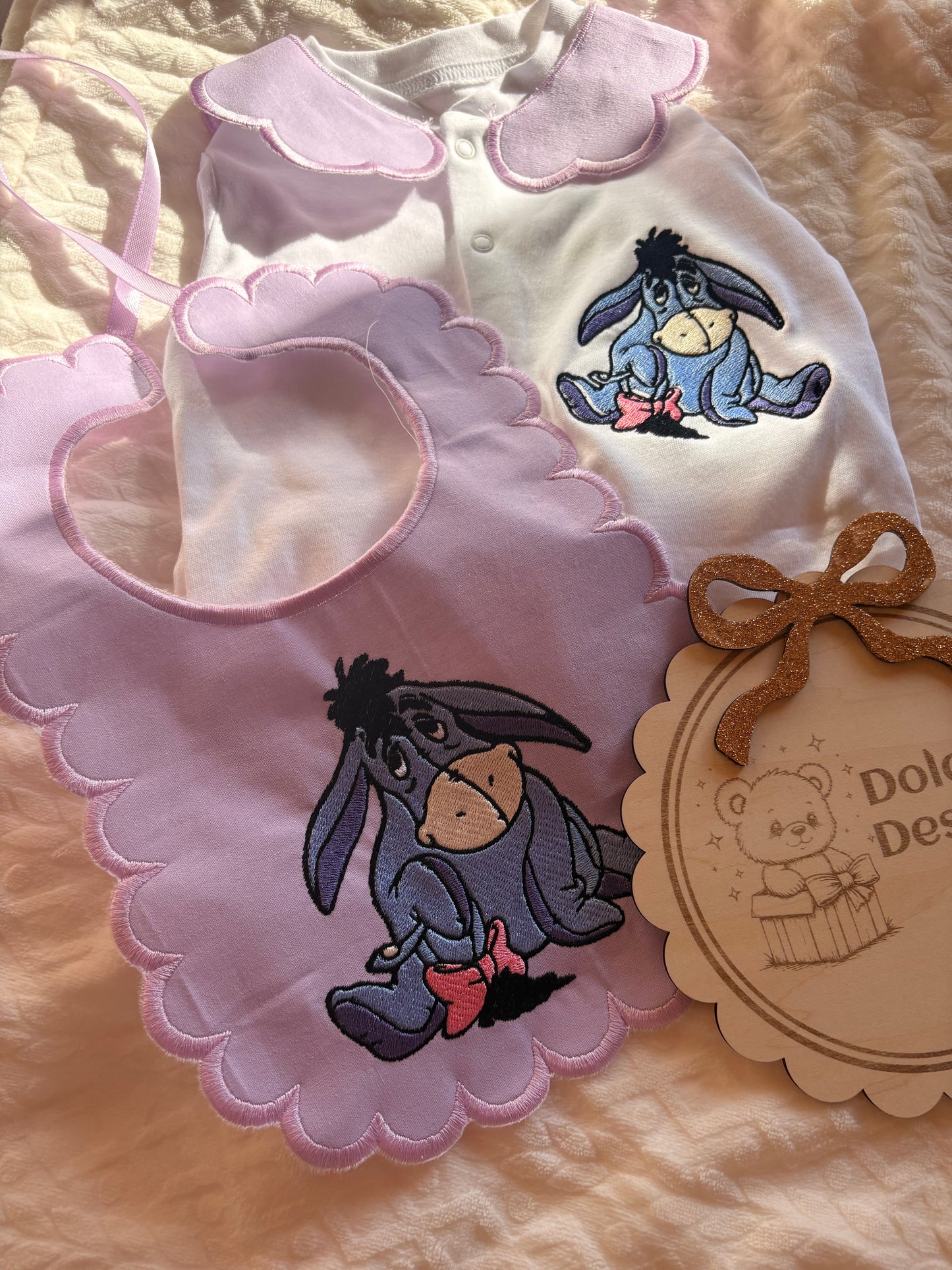 Personalised Eeyore Baby Set Embroidered Babygrow & Bib – Lilac