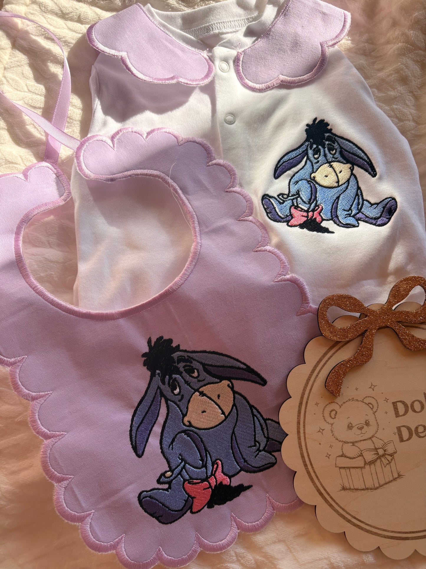 Personalised Eeyore Baby Set Embroidered Babygrow & Bib – Lilac