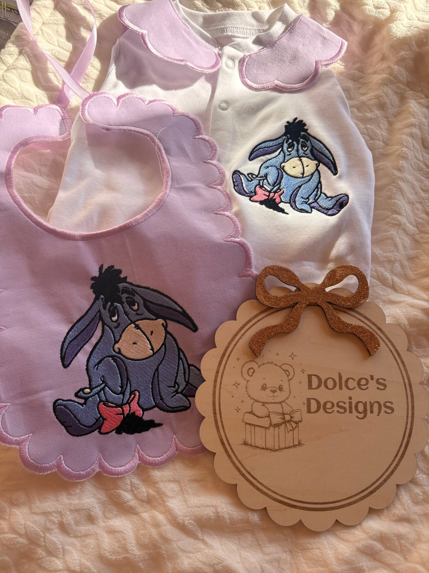 Personalised Eeyore Baby Set Embroidered Babygrow & Bib – Lilac