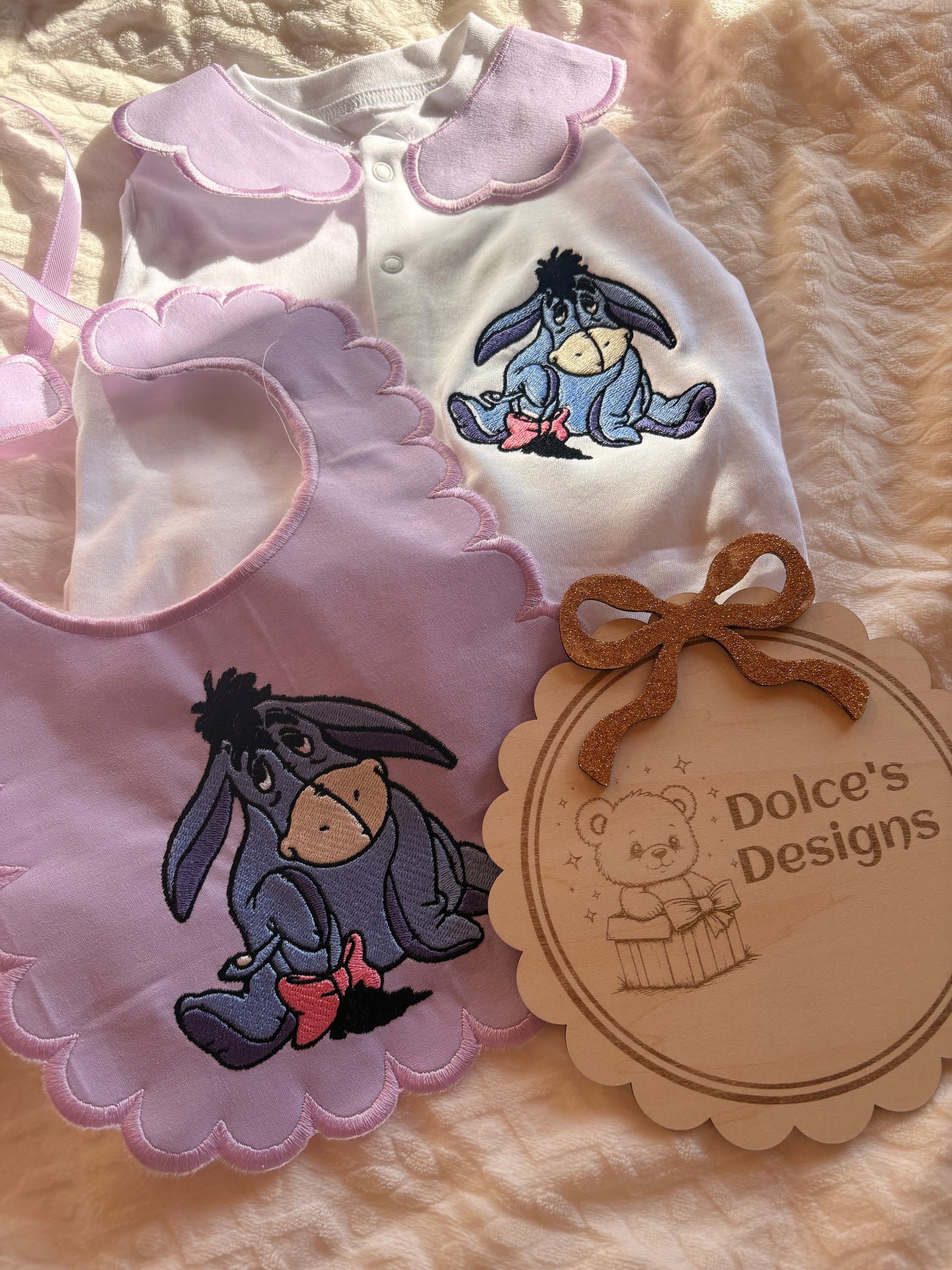 Personalised Eeyore Baby Set Embroidered Babygrow & Bib – Lilac