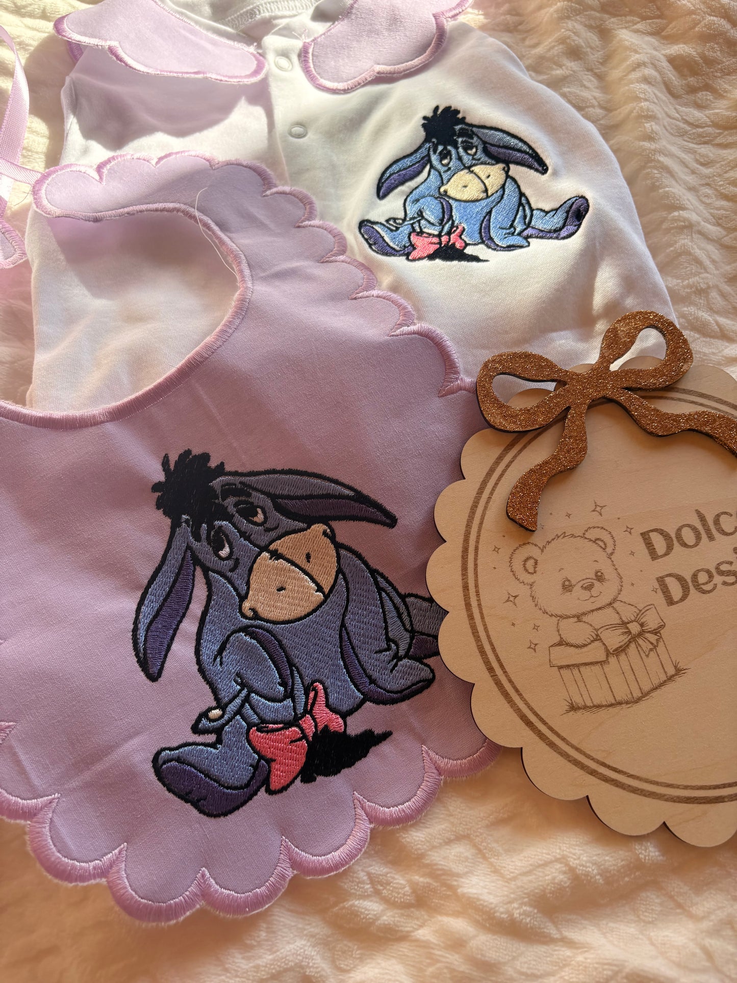 Personalised Eeyore Baby Set Embroidered Babygrow & Bib – Lilac