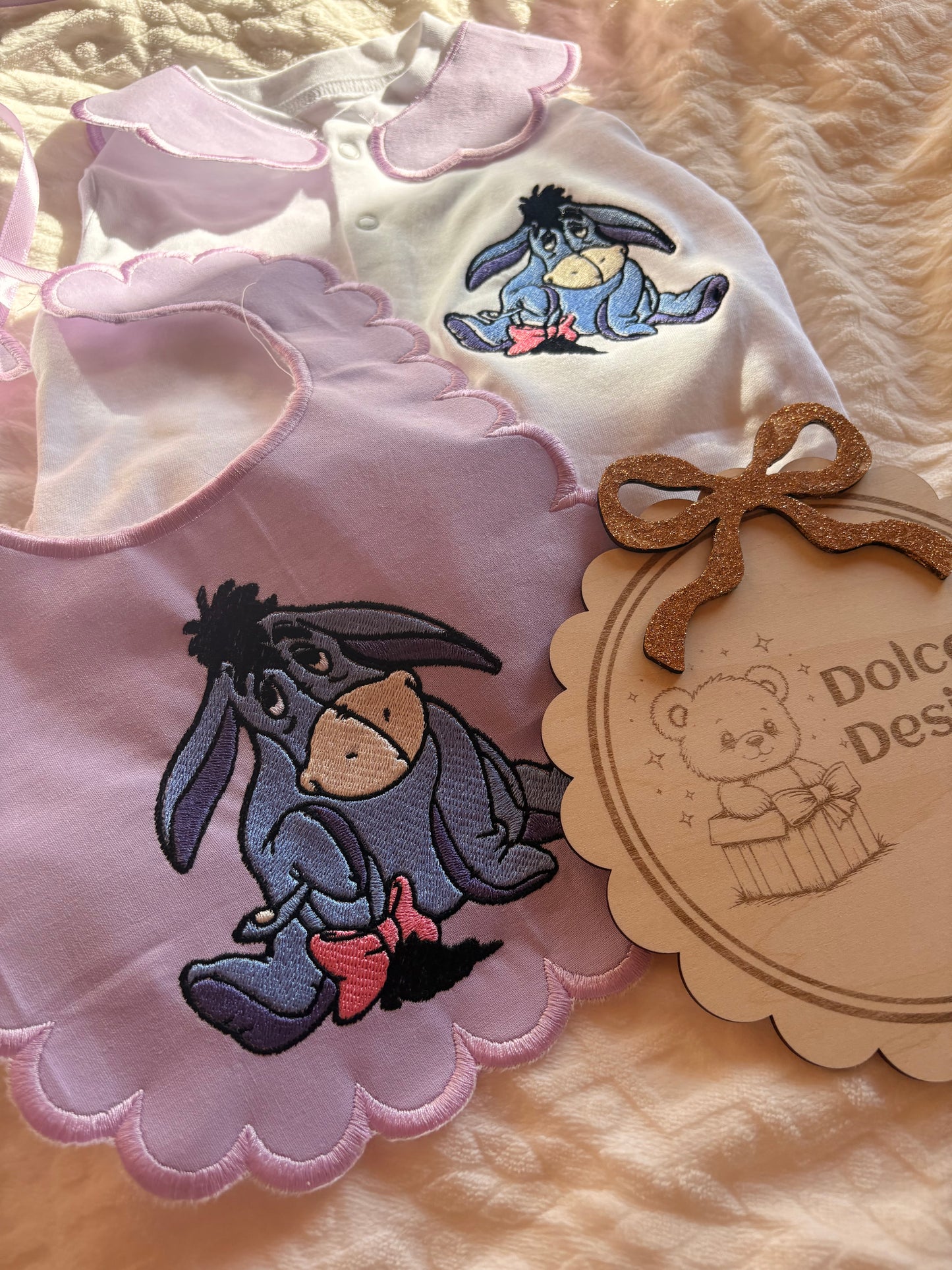 Personalised Eeyore Baby Set Embroidered Babygrow & Bib – Lilac