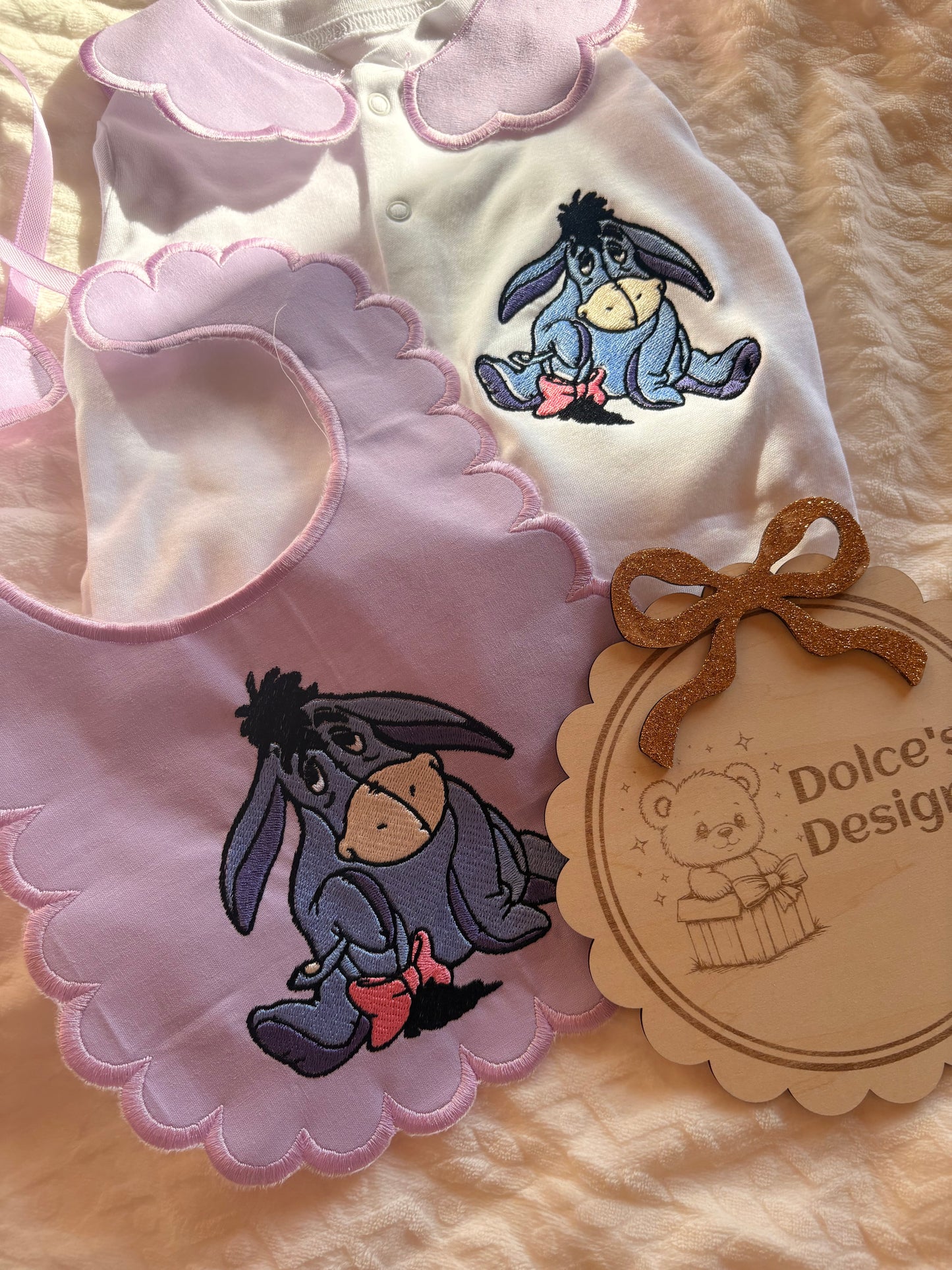 Personalised Eeyore Baby Set Embroidered Babygrow & Bib – Lilac