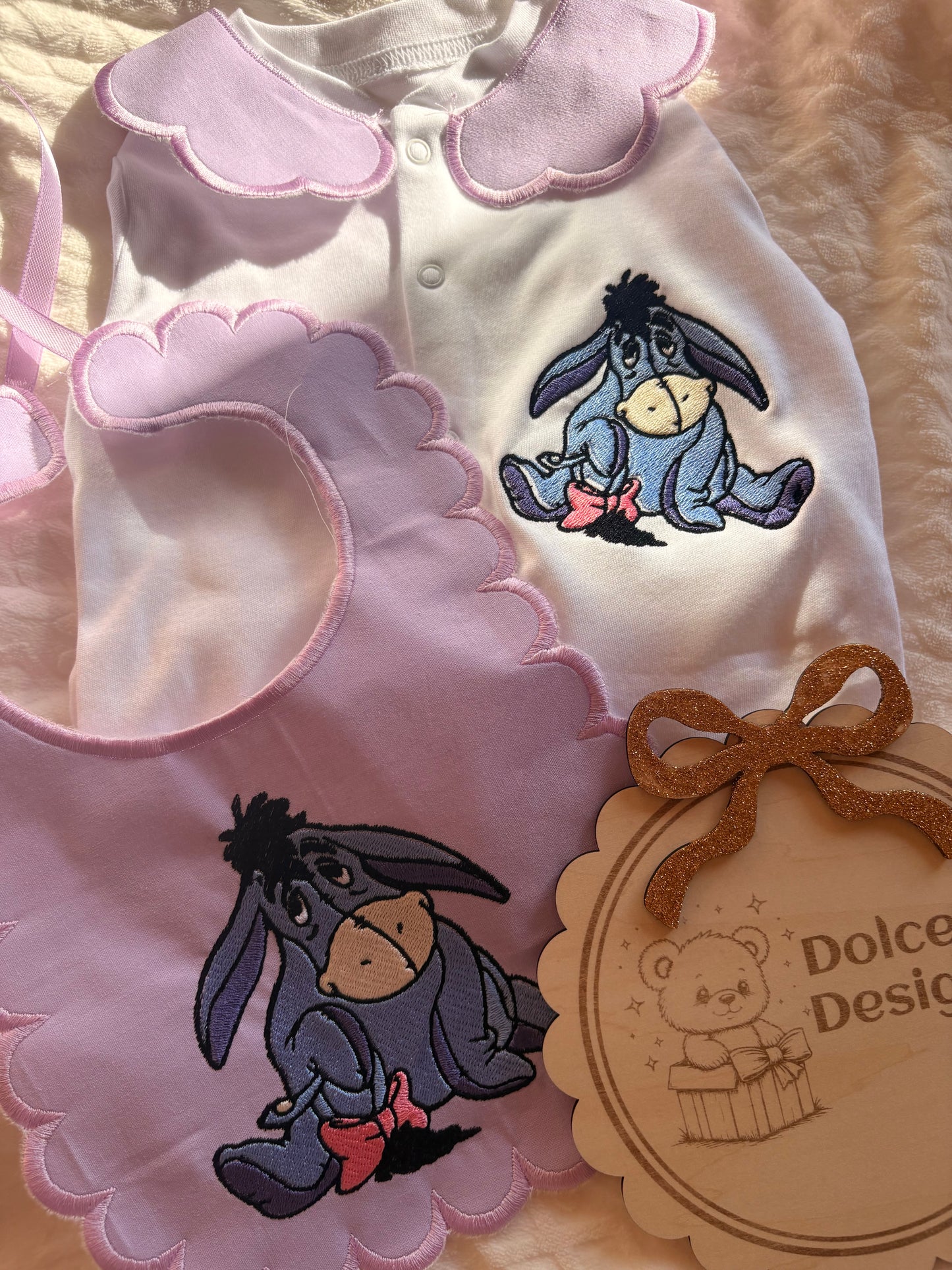 Personalised Eeyore Baby Set Embroidered Babygrow & Bib – Lilac