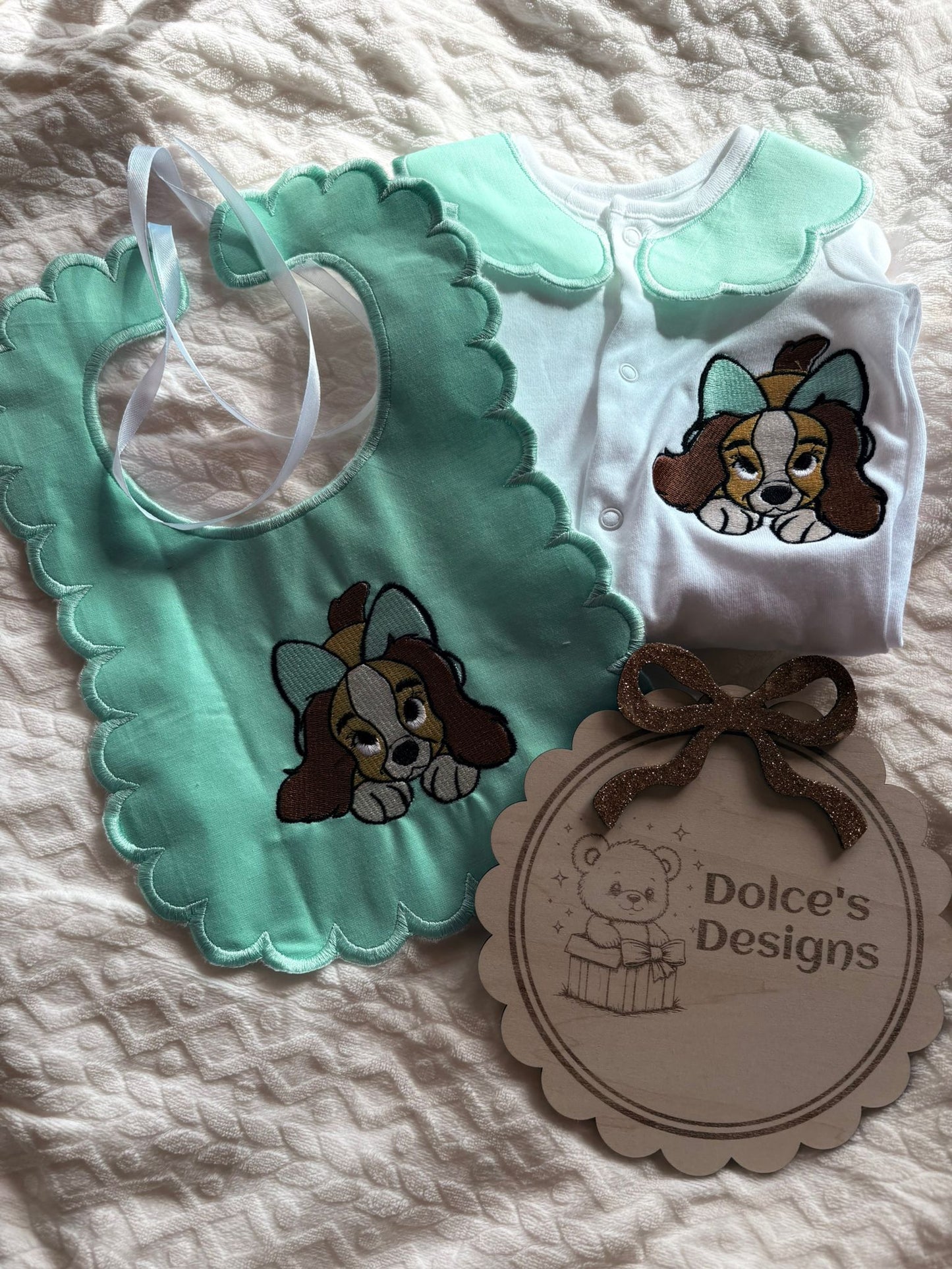 Personalised Lady Baby Set Embroidered Babygrow & Bib – Tiffany Blue