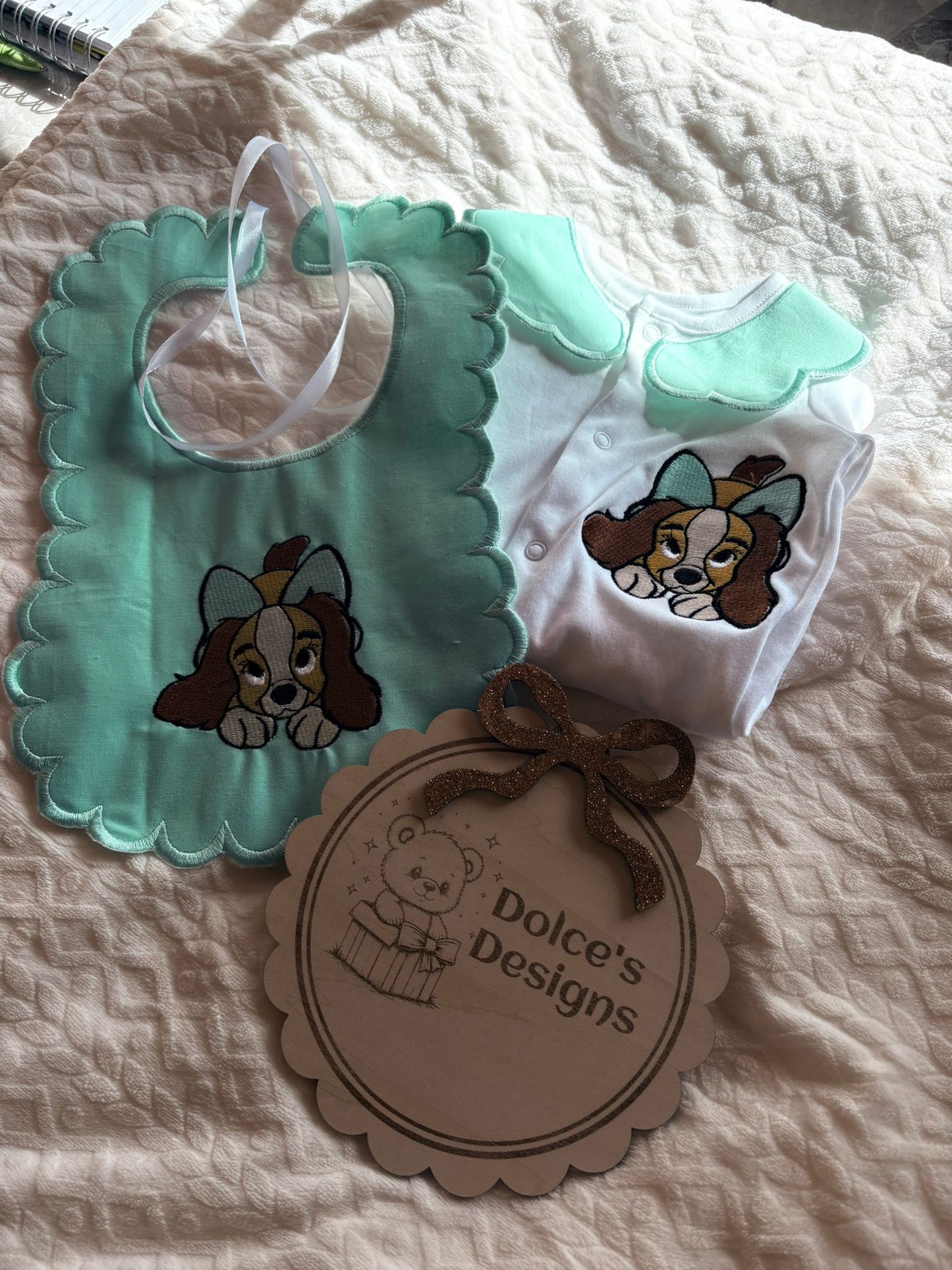 Personalised Lady Baby Set Embroidered Babygrow & Bib – Tiffany Blue