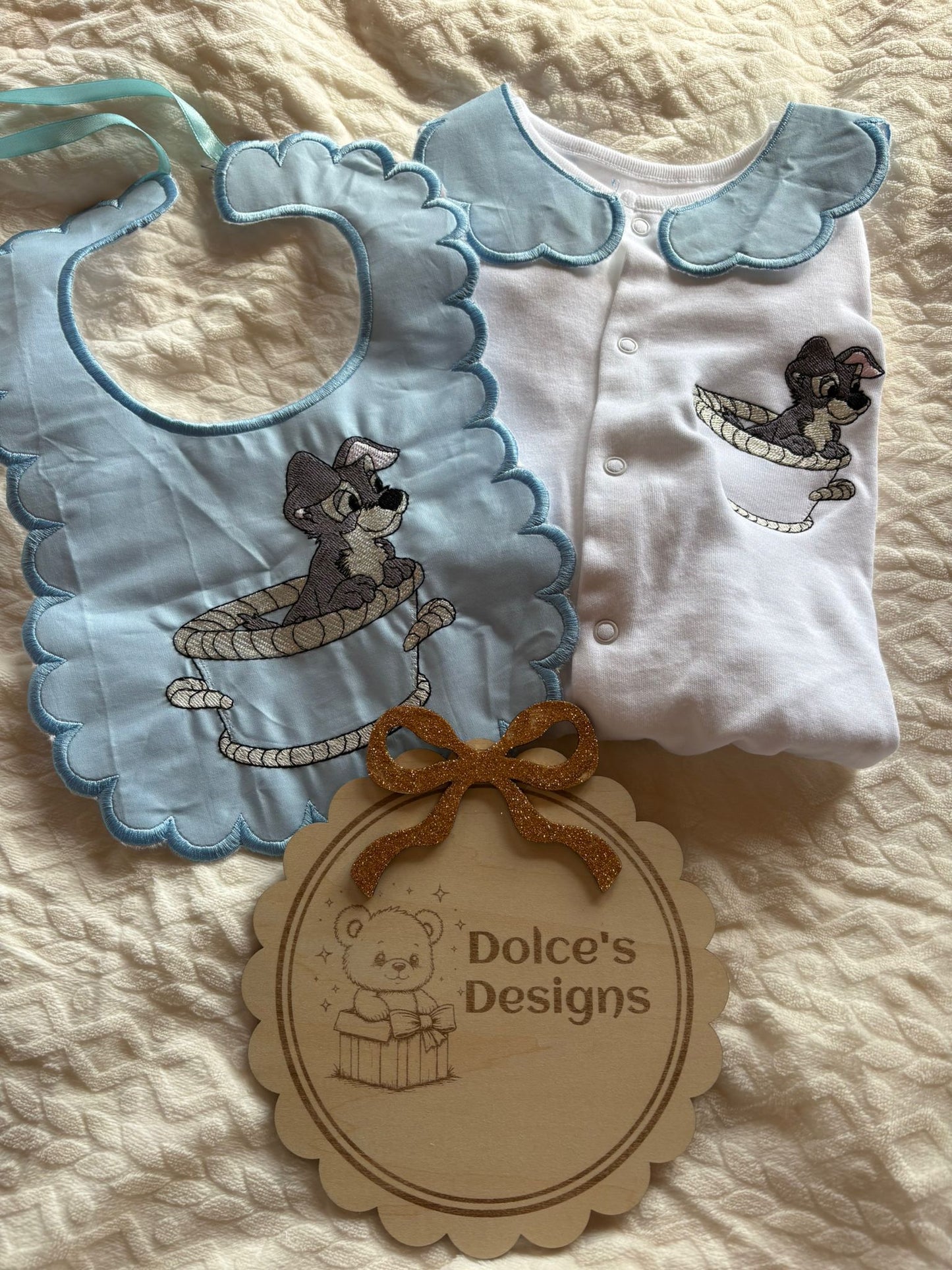 Personalised Tramp Baby Set Embroidered Babygrow & Bib – Baby Blue