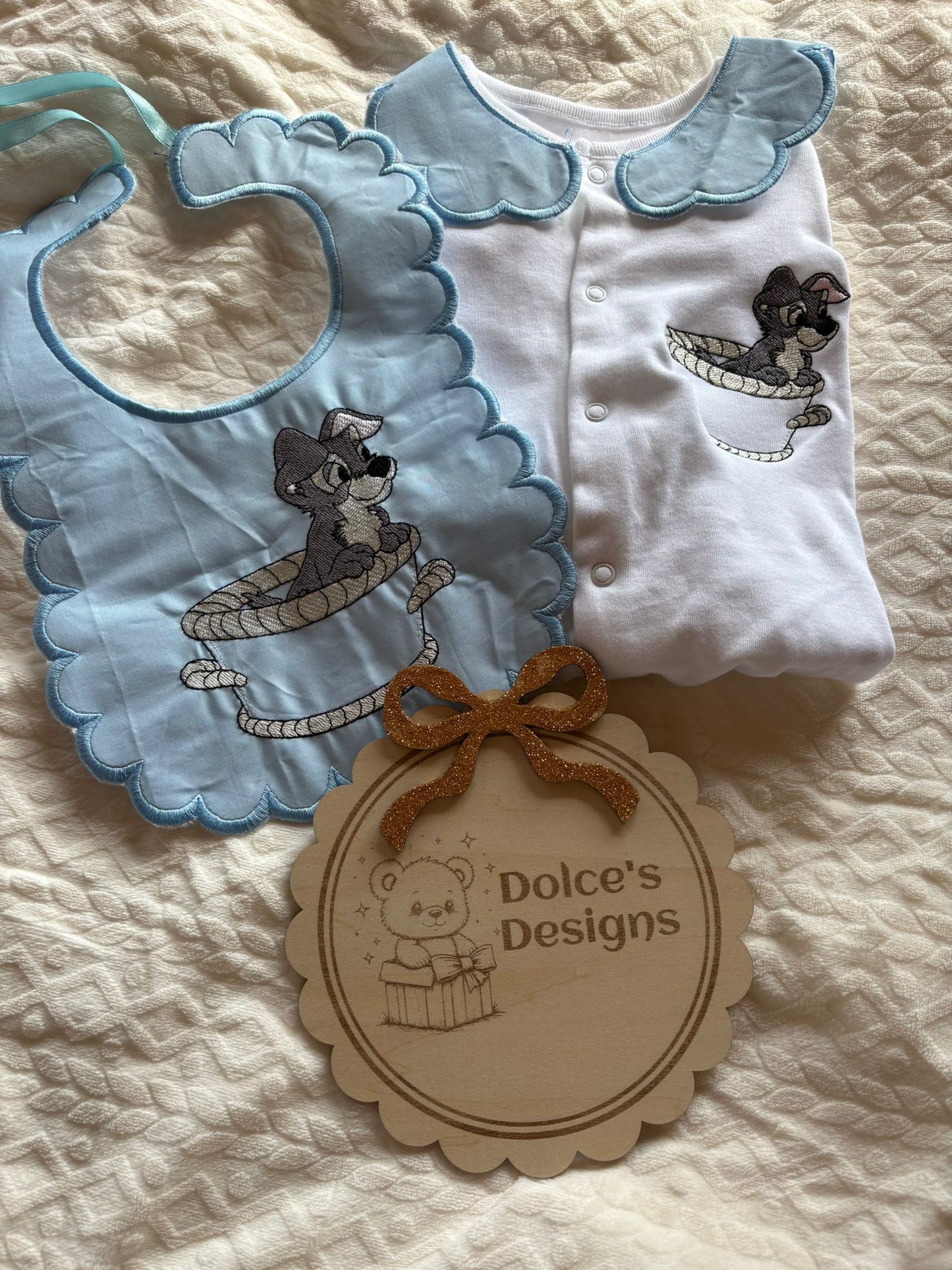 Personalised Tramp Baby Set Embroidered Babygrow & Bib – Baby Blue