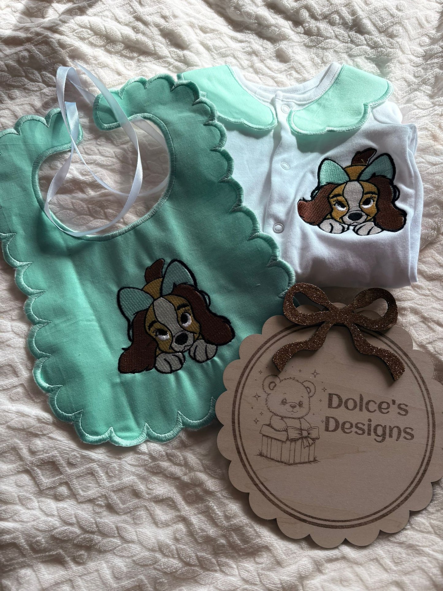 Personalised Lady Baby Set Embroidered Babygrow & Bib – Tiffany Blue