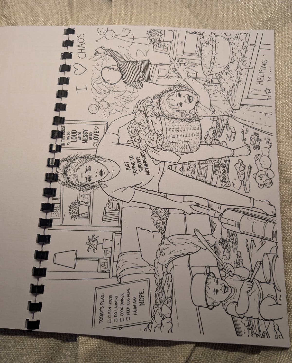 Funny motherhood chaos colouring page