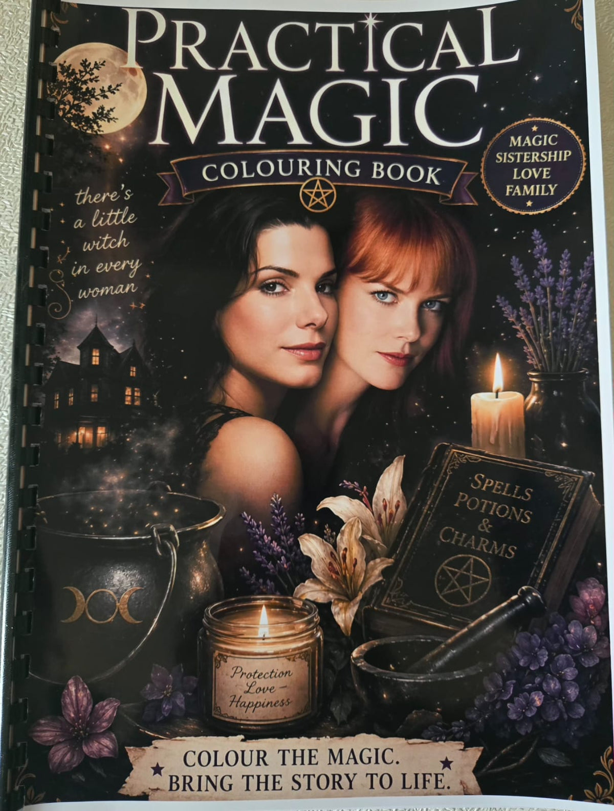 Practical Magic inspired A4 spiral bound colouring book cover