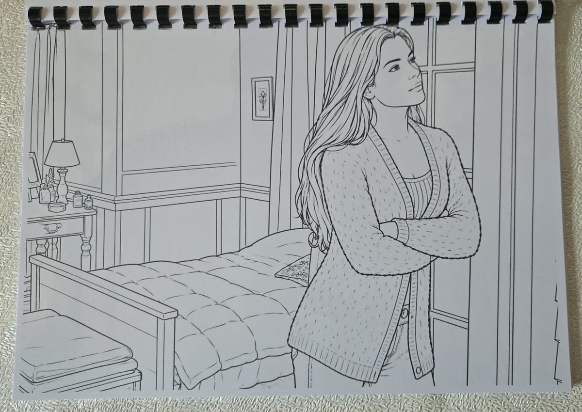 Practical Magic inspired colouring book interior illustration