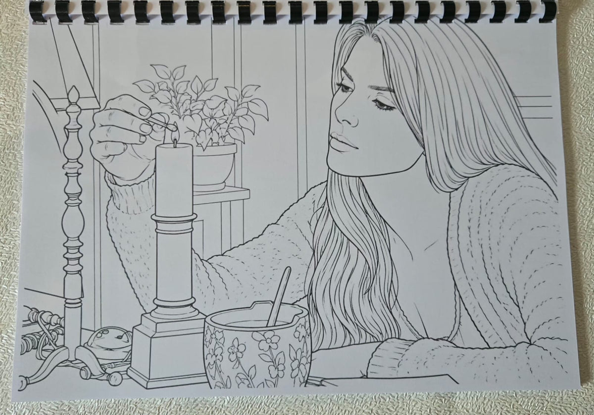 Practical Magic inspired colouring book interior illustration