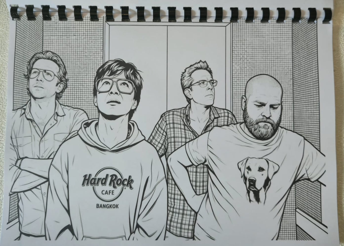 The Hangover inspired colouring book interior page